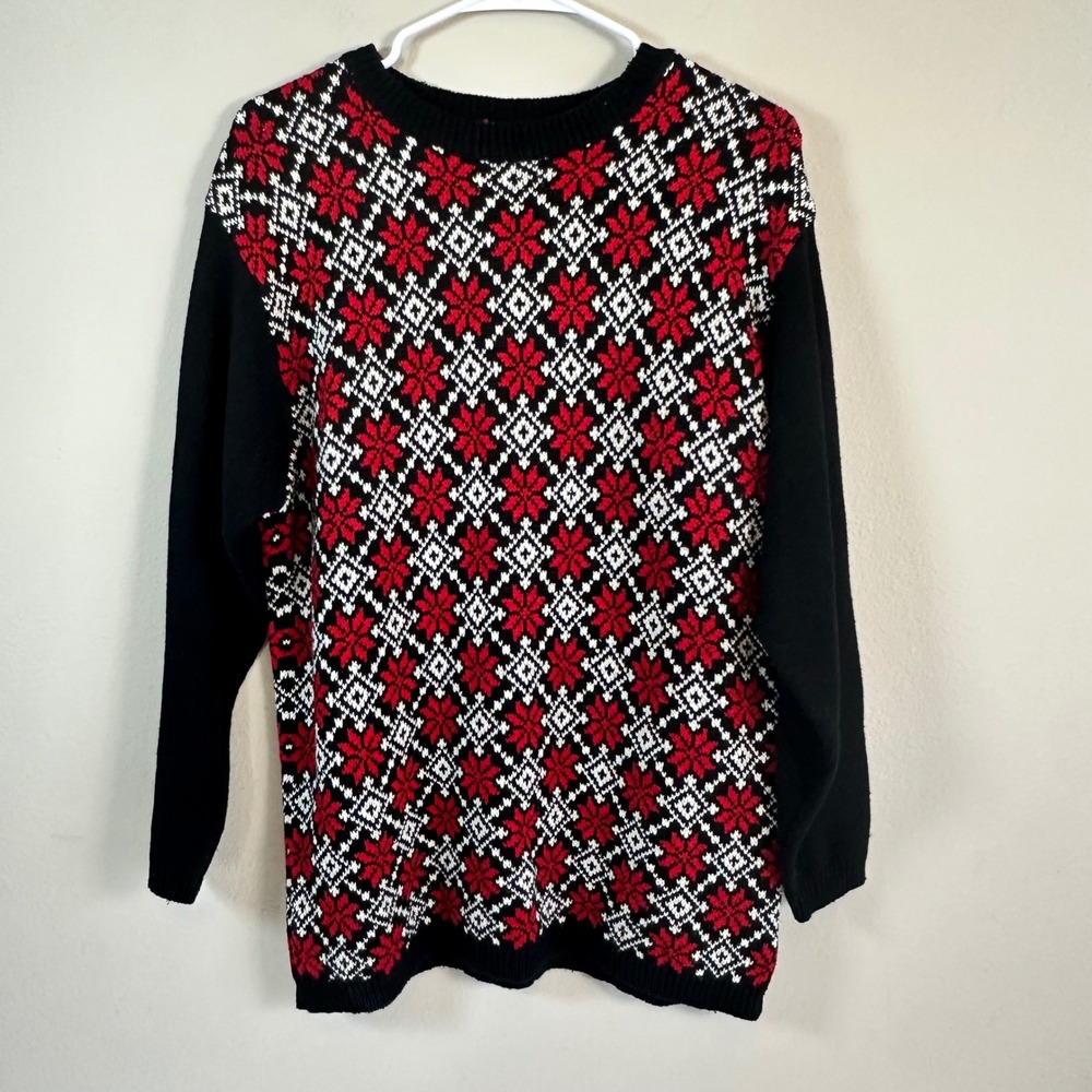 Vintage 90s Fair Isle Snowflake Sweater Oversized Small Red Black White Winter